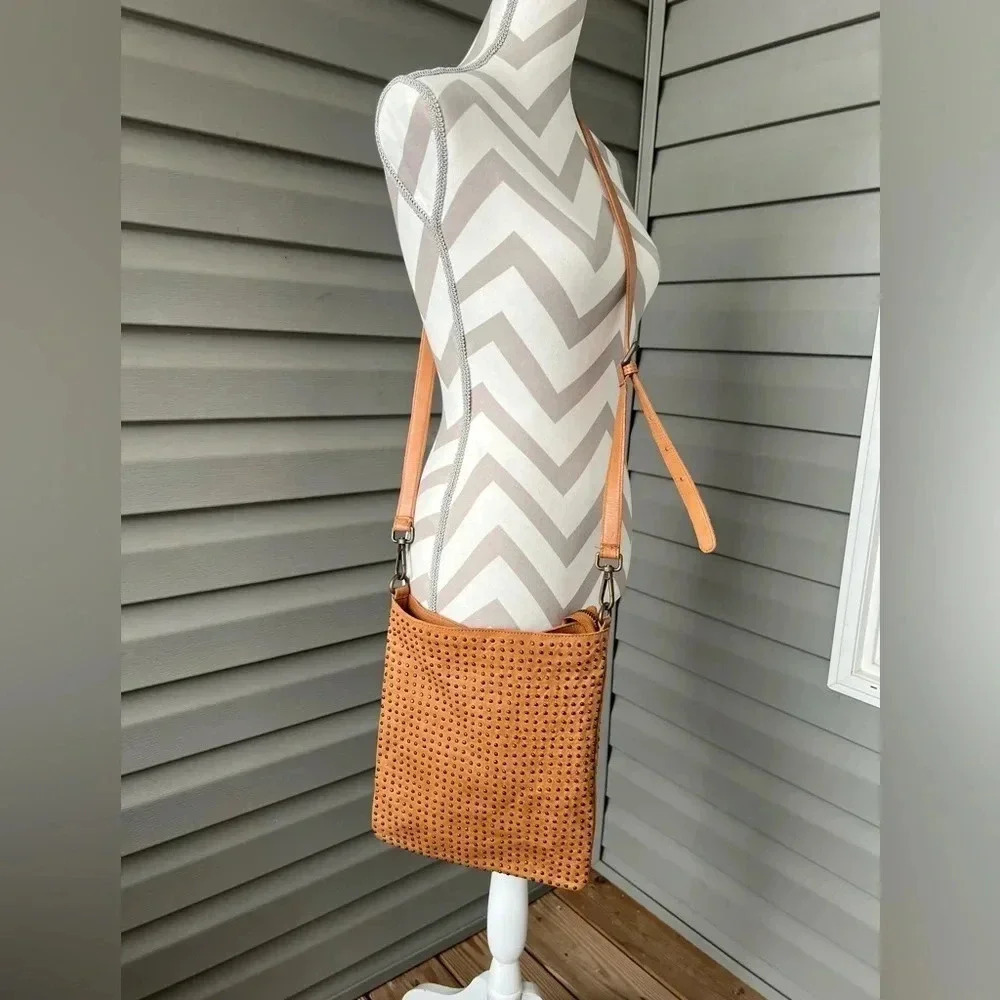PLATANIA Tan Leather Studded Crossbody Made In Italy.